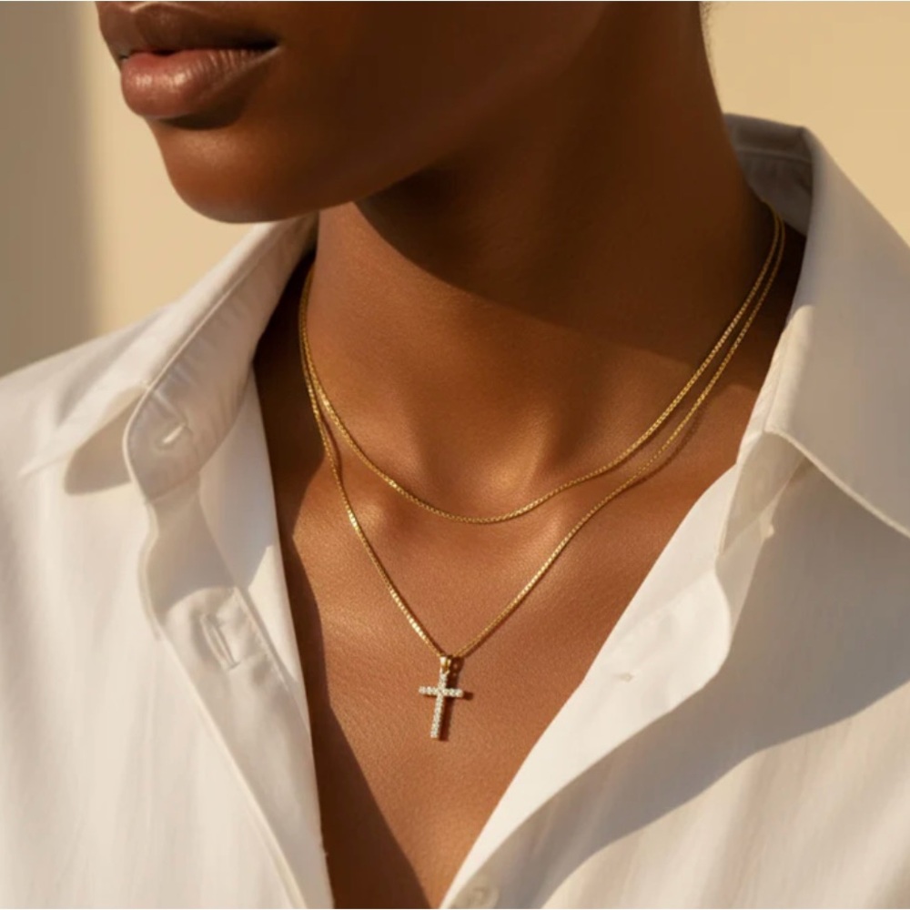 Mint & Lily Dainty Gold cable necklace with Pave Cross Necklace stacking set New